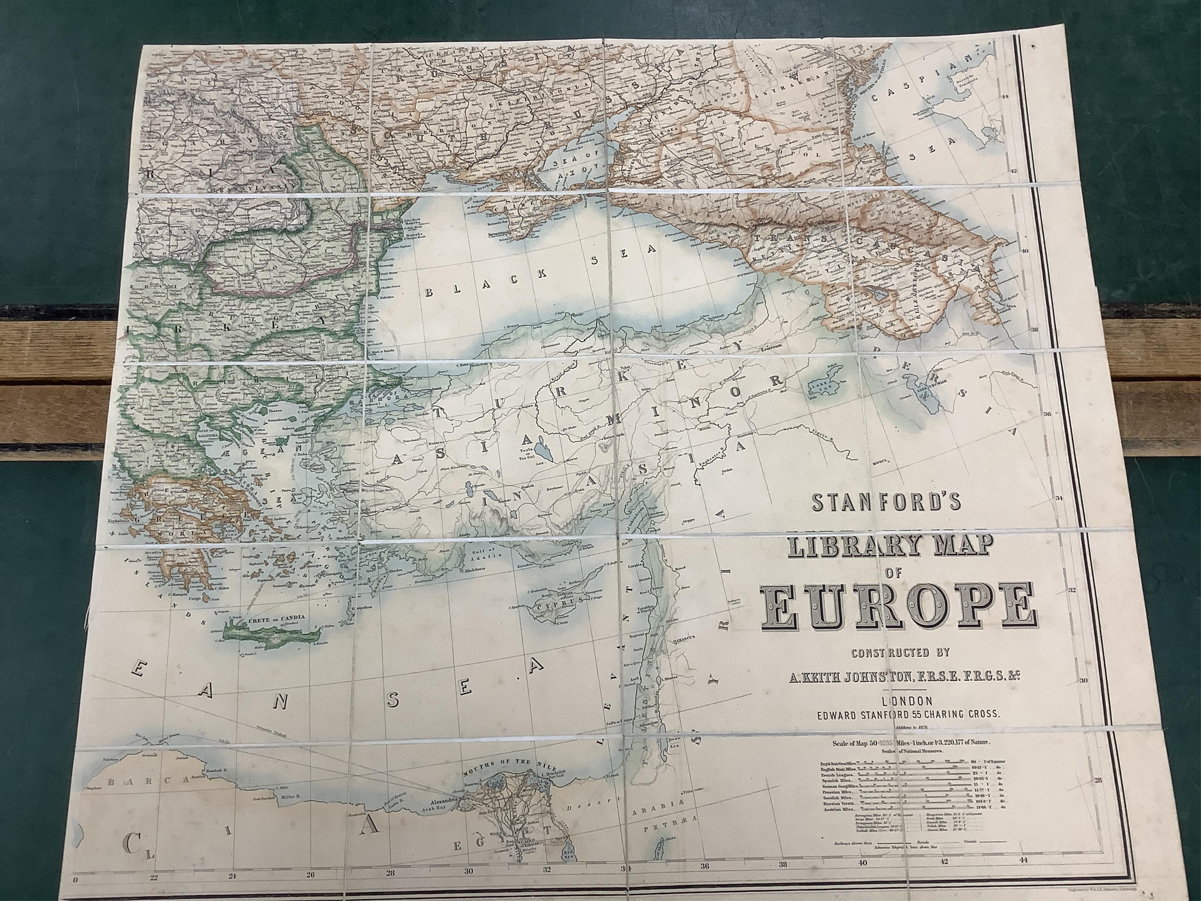 Stanford's Library Map of Europe ... by A. Keith Johnston ... 4 sheets, coloured and folded on line, sheets approx. 75 x 82cm within ruled borders, contained in original morocco case, 1876